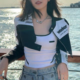 Fongt Cool Girl Motorcycle Wind Splicing Print Bump Color Jacket Women's New Standing Collar Zipper Cardigan Short Coat-Outfit