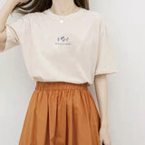 Fongt Sleeve Korean Round Collar T-Shirt Female 2024 Summer Loose Plant Print Casual Solid Color Student Half Sleeve Top