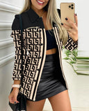 Fongt Spring And Autumn New Black Coat Long Sleeve Button Color Printing Clip Commuter Temperament Advanced Sensing Suit Woman