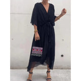 Fongt New Women's Solid Color With Long Skirt Bat Sleeve Irregular Dress