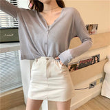 Thin Knit Cardigan Women V-Neck Knitted Casual Transparent Sweater Shirts Lady Simple Solid Outwear for Female-Outfit