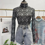 Autumn Single-Layer Mesh Base T Shirt Girls Printed Full Sleeve Turtleneck Tees Slim Women See Through Tshirts-Outfit