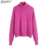 Women Simply Mock Neck Solid Green Color Casual Knitting Sweater Female Chic Basic Long Sleeve Pullovers Brand Tops