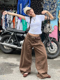 Fongt Retro Style Folded Design Low-Rise Jeans Street Babes Women's New Personality Loose-Legged Trousers