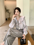 Fongt Xixi 2025 Autumn White Label Thin Temperament Hundred Lotus Leaf V Collar Chiffon Shirt Long-Sleeved Shirt Lady 89573