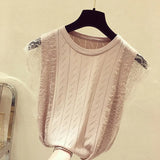 Summer Korean Women Mesh Shirt Sleeveless O-Neck Lace Knitted Patchwork Tops Chic Solid Hollow Out Clothes Blusas 8795