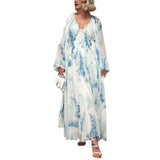 Fongt Women's Printed Chiffon Dress V Collar Folded Waist Drawstring Long Sleeve 8042