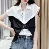 Summer Fashion Bow Patchwork Shirt Female Clothing Casual Turn-down Collar Commute Single-breasted Korean Sleeveless Blouse-Outfit