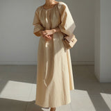 New Korean Loose Puff Three Quarter Sleeve Dress For Women Autumn Solid Color O-neck Pockets