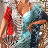 Contrast Color Sexy Loose Pullover V-neck Tassel Hollowed Out Beach Sunscreen Bikini Beach Blouse Bathing Suit WomenCover