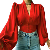 Fongt Explosion Spring New Temperament Button V-Neck Lantern Sleeve