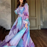 Fongt Spring And Summer New Printing Big Swing Collar Mesh Dress Commuted Large Size Women's