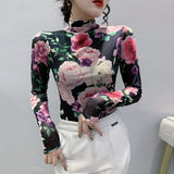 Winter High Neck Fashion Printed Thick Mesh Long Sleeve T-shirt Women Slim Trendy T Shirts Fashion Floral Top For Female-Outfit