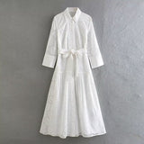 Fongt New Autumn Shirt Type Long Skirt Hollow-Out Embroidered MIDI Dress-Outfit