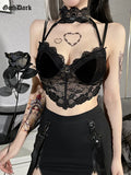 Dark Velvet Lace Romantic Mall Gothic Crop Tops Women Grunge Aesthetic Bodycon Halter Camis Black Backless Summer