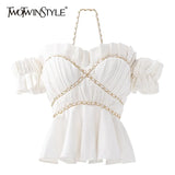 Casual Ruched Shirt For Women Slash Neck Puff Short Sleeve Patchwork Chain Slim Blouses Female Summer Fashion