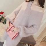 All-match Midi Elegant Solid Color Sweaters 2023 Autumn Winter Korean Loose Long Sleeve V-Neck Jumpers Women's Clothing-Outfit