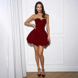 Sequin Strapless Puff Skirt Mini Dress-Outfit