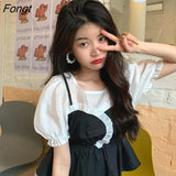 Two Pieces Blouses Women Design Ruffles Elegant O-neck Puff Short Sleeve Shirts Panelled Fresh Defined Waist Mujer