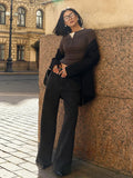 Buttoned Long Sleeve Solid Top-Outfit