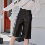 Size British Style Autumn Winter Women's PU Leather Short High Waist Motor Five Point Trouser Casual Straight