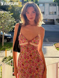 French Style Holiday Floral Printed Long Dress Beach Style Lace Trim V-Neck Sleeveless Maxi Dresses For Women 2022