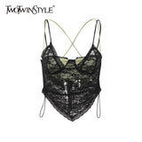 TWOTWINSTYLE Patchwork Lace Short Vest For Women Square Collar Sleeveless Fake Two Sexy Vests Female Fashion New Clothing
