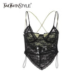 Patchwork Lace Short Vest For Women Square Collar Sleeveless Fake Two Sexy Vests Female Fashion New Clothing
