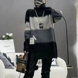 Vintage Striped Spliced Sweaters 2023 Autumn Winter Casual Turtleneck Female Clothing Korean Split Patch Designs Jumpers-Outfit