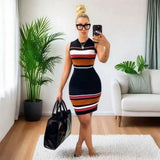 Fongt Wind Fine Shoulder Sleeveless Color Slimming Temperament Casual Striped Knitted Dress