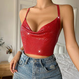 Fongt New Sexy Nightclub Slim Type Metal Sequins Hanging Neck Dew Back Vest Female