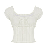 Fongt Small Fragrant Pure Girl Bubble Sleeve Strapped With Wood Ear Age Reduction Netcloak Umbilly Short-Sleeved Top