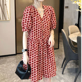 Lady Flowers Printed Elegant V-Neck Casual Dresses Women's Stylish Puff Sleeve Single-breasted Summer A-Line Midi Dress-Outfit