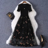 Women Butterfly Embroidery Lace Patchwork Summer Dresses Office Ladies Elegant Short Sleeve High Waist A-line