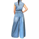 Fongt Women's New Casual Wash Sleeveless Jeans Joined Wide-Leg Pants-Outfit