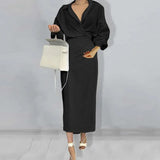 Fongt 2024 New Women's Wear Temperament Elegant Solid Color Long Sleeve Lapel Slim Dress