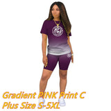 PINK Letter Print Gradient Two Piece Sets Women Round Neck Short Sleeve Top + Shorts Tracksuits Summer Fashion
