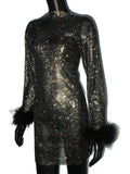 Bling Mesh Feathers Rhinestone Women Dress Long Sleeves Diamond Fishnet Hollow Out See Through Evening Party