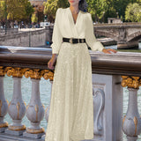 Fongt Buy Through The New Fashion V-Neck Long-Sleeved Shirt Temperament Elegant Waist Display Thin Bright Leg