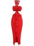 Red Flower Ruffles Halter Maxi Dress-Outfit