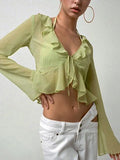 Sheer Mesh Long Sleeve Crop Blouse with