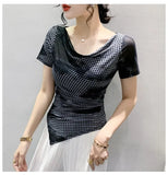 Printed Mesh Tee Shirt Female Slash Neck Short Sleeve Irregular T Shirts Women Summer T-shirt Top-Outfit