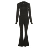Summer Y2K Solid Black Basic Bodysuit for Women Fashion Long Sleeves Halter Backless Flare Pants Simple Casual