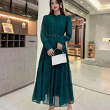 Fongt New V-Neck Single-Drenchee Chiffon French Retro Dress Thin A-Character Long Dress Women's Bubble Cuff