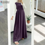 Women Muslim Abaya Maxi Dress Casual Solid Patchwork Long Sleeve Belted Vestidos Kaftan Clothing Vintage Sundress