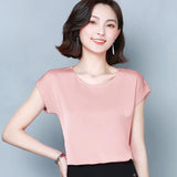 Women Blouse 2022 New Simple Solid Silk Shirts Elegant Women Loose Round Collar Short Sleeve Womens Clothing 9227