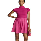 Fongt Parquet Small Turtleneck Dress Short Sleeve Pleated Knit Elegant Pure Color Slim Mini Dress Woman-Outfit