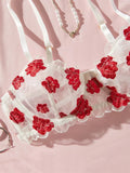 White Sheer Red Flower Embroidery Bra and Panties Lingerie Set-Outfit