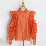 Solid Color Chiffon Perspective Shirt For Women Lepal Long Sleeves Floral Ruffle Shirts Female 2022 Spring