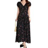 Fongt Chic Summer French Elegant V Collar Fold Feeling Waist Show Thin Long Broken Flower Platycodon Dress Female-Outfit